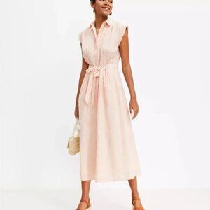 LOFT Pink Seersucker Midi Dress Cotton Striped Belted Shirtdress Cottagecore 0P